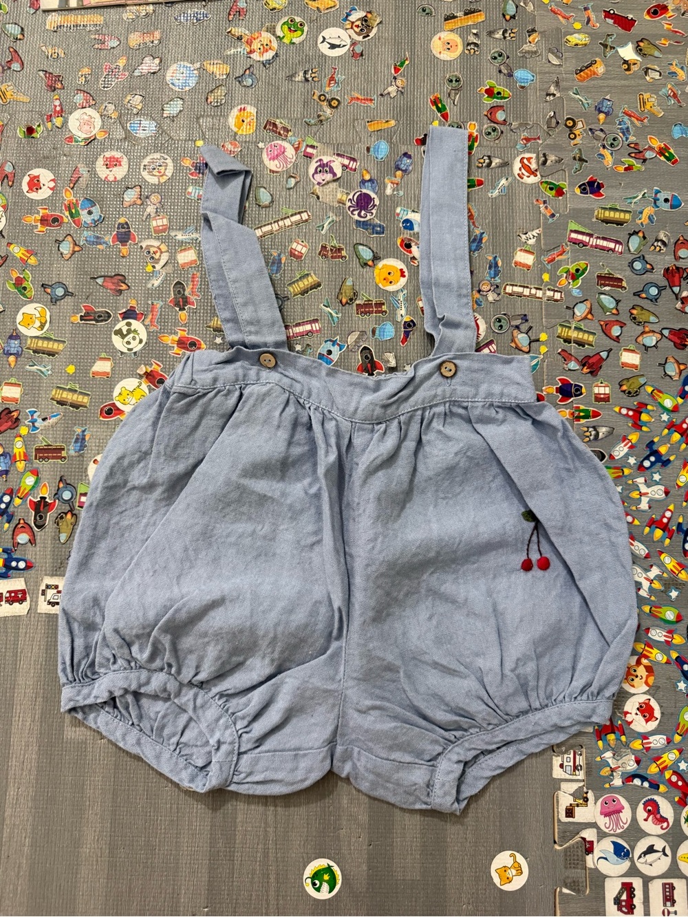 All the beautiful linen Blue toddler Bubble Shorts with cherry accents